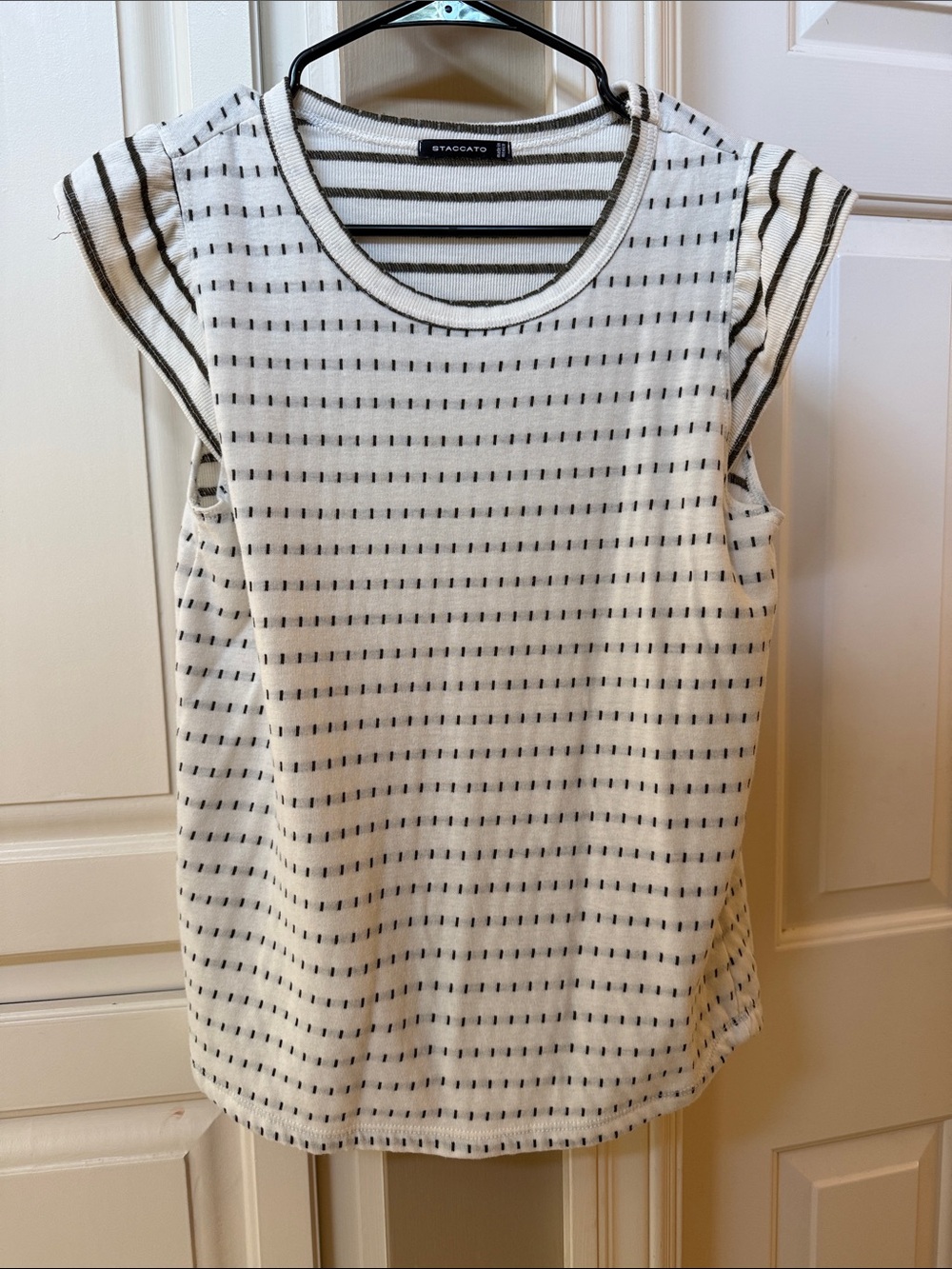 Staccato Cream and Green Striped Knit Tank with Flutter Sleeves